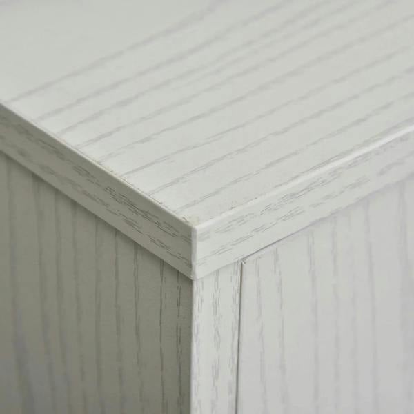 White cabinet top edge with textured panel and smooth protective trim detail