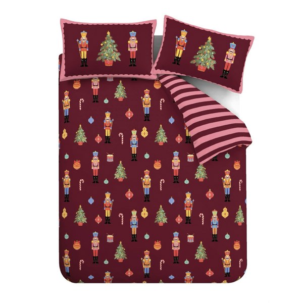 Catherine Lansfield Nutcracker Stripe Reversible Duvet Cover Set Plum