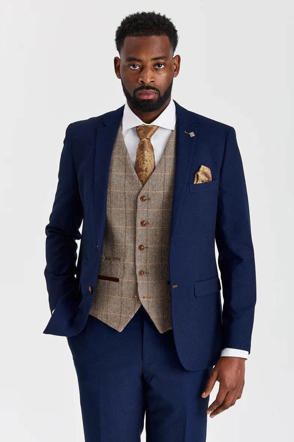 Paul Andrew Mayfair Navy Textured Suit with Harris Brown Tweed Waistcoat