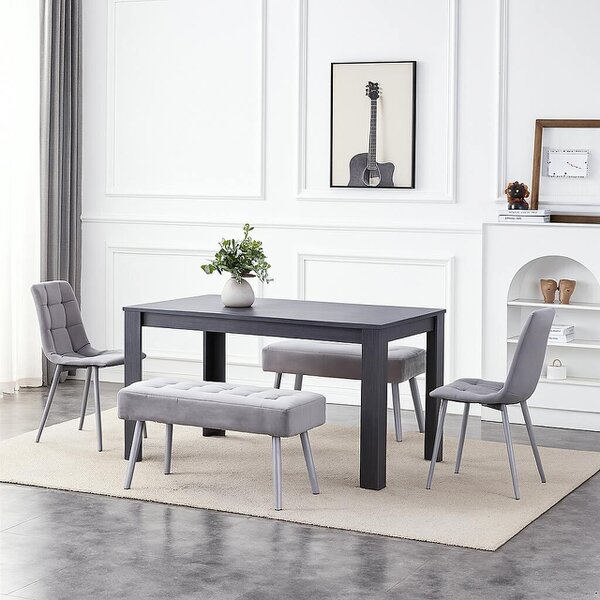 Kosy Koala Modern Dark Grey Dining Table Set with 2 Grey Velvet Chairs And 2 Grey Benches