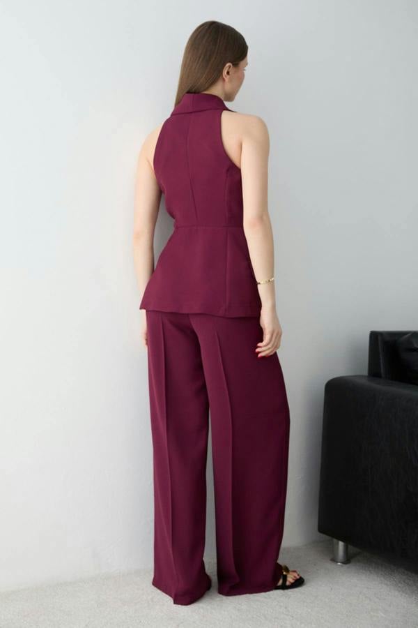 2-Piece Button Detail Sleeveless Waistcoat Wide Leg Trouser Co-ord