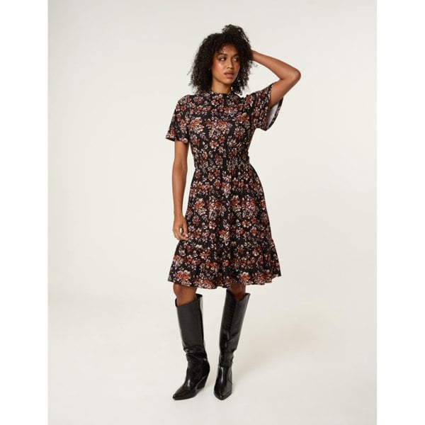 Blue Vanilla Frill Neck Shirred Waist Mini Dress