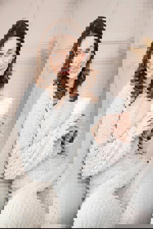 Camille Womens Grey Supersoft Fleece Textured Woven Pattern Pyjama Set