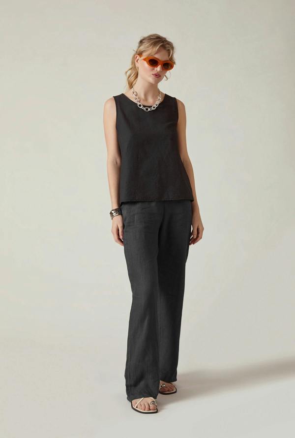 James Lakeland Black Linen Blend Sleeveless Button-Back Top