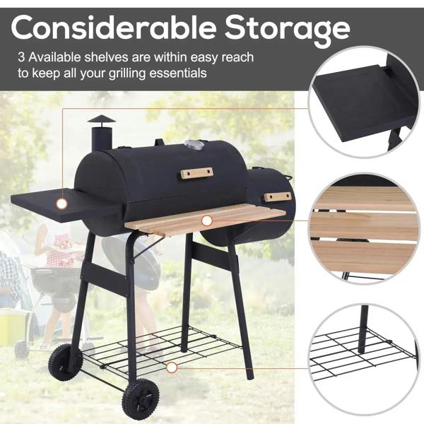 Black charcoal BBQ grill with three accessible shelves and a lower storage rack on four wheels.