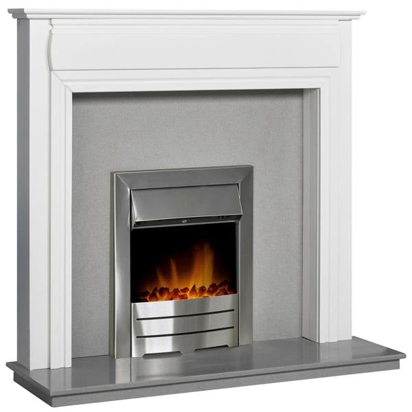 Adam Honley Fireplace in Pure White & Grey with Downlights & Colorado Electric Fire in Brushed steel, 48 Inch