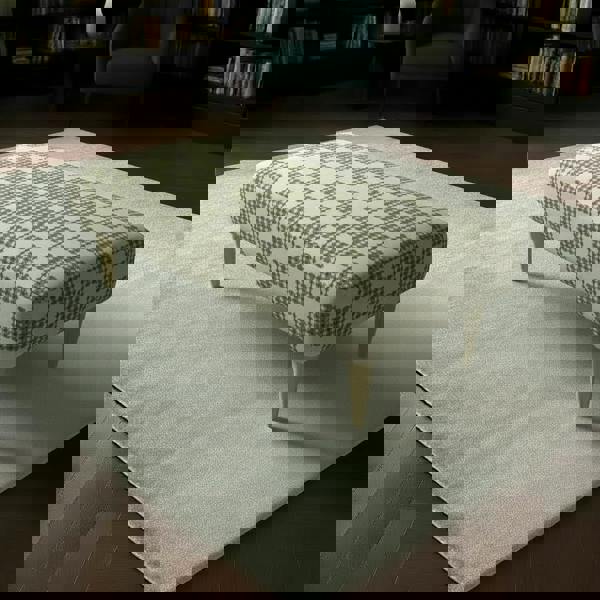 Minimalist non-storage bench with vibrant abstract fabric and solid wooden legs