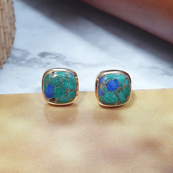 Micron Gold Plated Stud Earrings, Azurite, Cushion Gemstone Stud Earrings, 9X9mm - May Birthstone Earrings