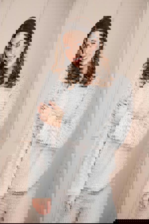 Camille Womens Grey Supersoft Fleece Textured Woven Pattern Pyjama Set