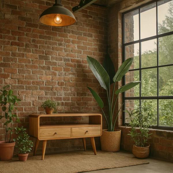 Wyld Haus Urbino Curved Oak Mango Wood Low TV Media Unit 2 Drawers