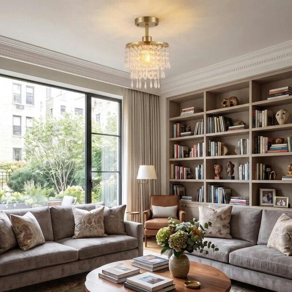 Crystal Ceiling Light with 57 Crystal Strands, Ceiling Light with Mounting Plate for Hallway, Gold Tone