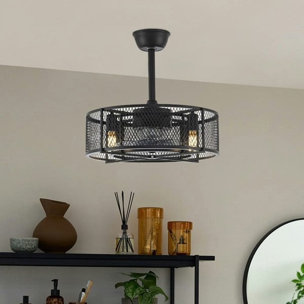 Industrial Ceiling Fan Light Black Metal Mesh Cage Fan with Light Ceiling Lights Living and Home 