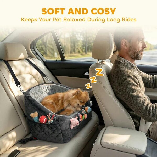 Dog Car Seat, Detachable Washable Dog Booster Seat with Thick Cushion, Seat Belt, Pockets for Small Under 10kg, Grey
