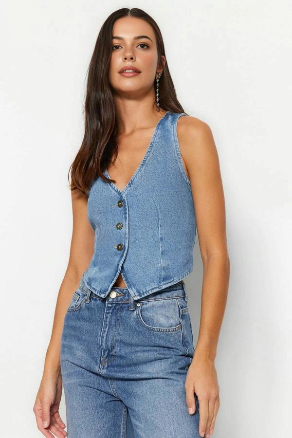 V Neck Fitted Denim Vest