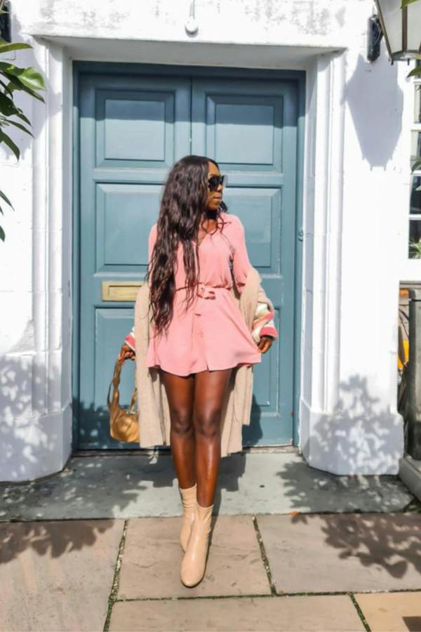 Hoxton Gal Oversized Belt Detailed Tunic Shirt Dress with Long Sleeves in Pink