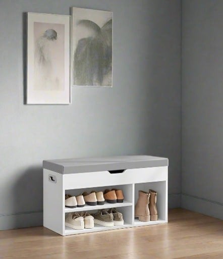 Modcraft White Shoe Storage Bench with Cushion, Hidden Compartment & 3 Shelves, 150kg Capacity