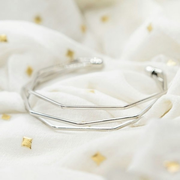 The Colourful Aura Adjustable Three Layer Silver Twist Angle Geometric Open Cuff Bangle Bracelet