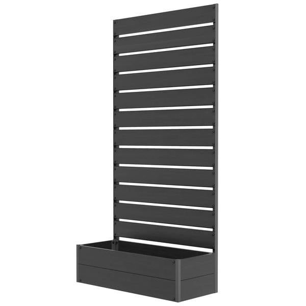 Black raised planter box with vertical trellis for climbing plants