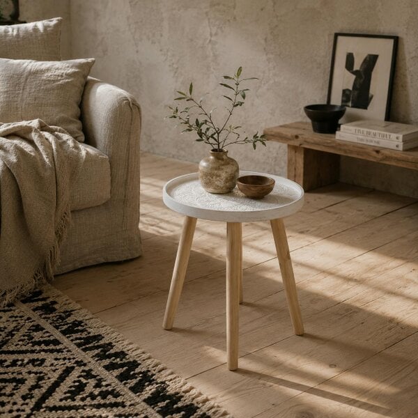 Wyld Haus Nona Wood White Round Coffee Table With Carved Floral Tray Top