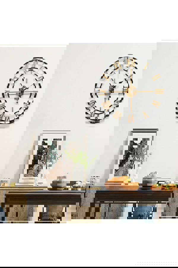 Living and Home 60cm Dia Retro Industrial Style Gold Roman Numerals Black Frame Hollow Metal Wall Clock