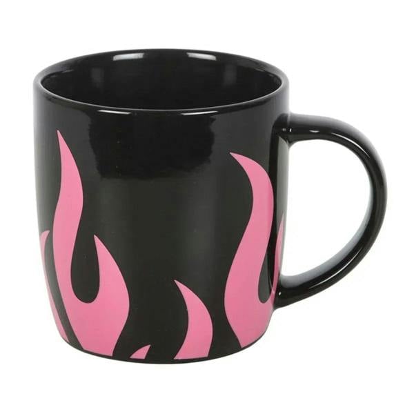Black ceramic mug with pink flame artwork and right-side handle