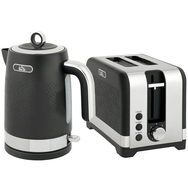 Black textured electric kettle and 2-slice toaster set with chrome accents and control knobs