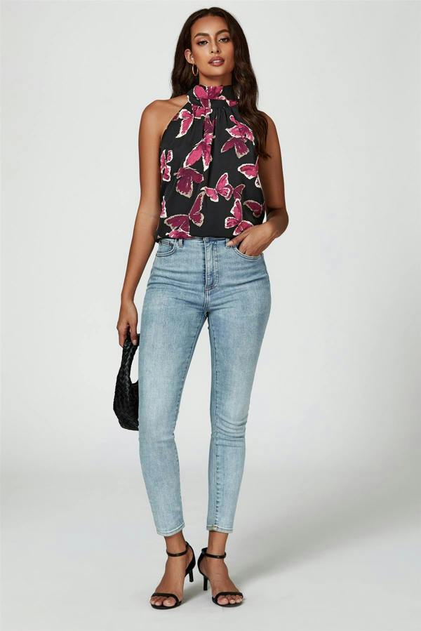 FS Collection Butterfly Print Halter Neck Tie Back Top In Black
