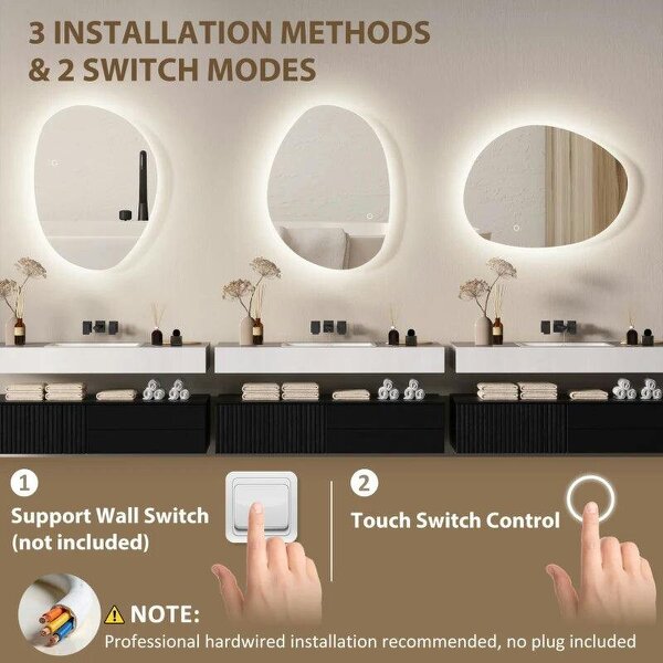 Bobobiy 70x50cm Bathroom Mirror with LED Lights, 3 Colours Dimmable, Anti-Fog, Memory & Touch Switch, IP44