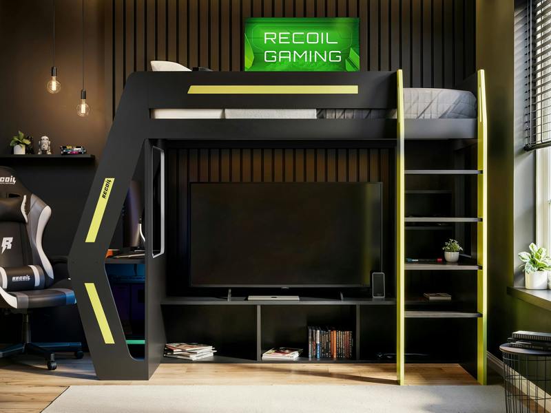 Recoil Alister Gaming High Sleeper with Desk & TV Stand Charcoal & Green