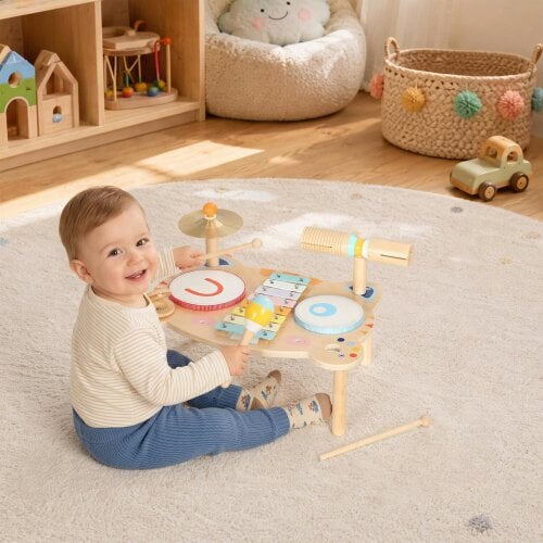 AIYAPLAY Kids Drum Kit, Wooden Musical Instruments for 18M-6Years, Natural