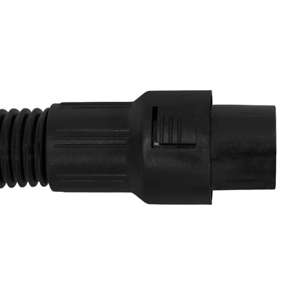 Flexible 5m vacuum hose in black with ribbed texture and a sturdy connector for secure attachment to vacuum cleaners