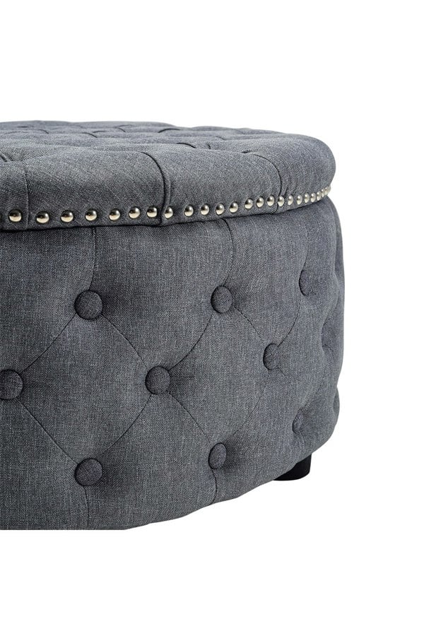 Living and Home Round Linen Deep Buttoned Footstool with Studded Edge