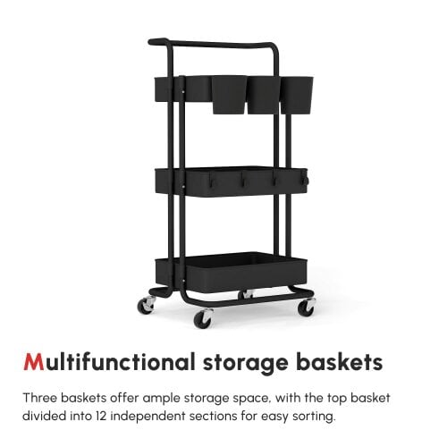Wyld Haus Nirelu Metal Black 3 Tier Home Trolley With Handle And Wheels