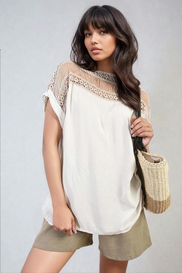 Sylvia Lace Insert Round Neck Hollow Top - Beige