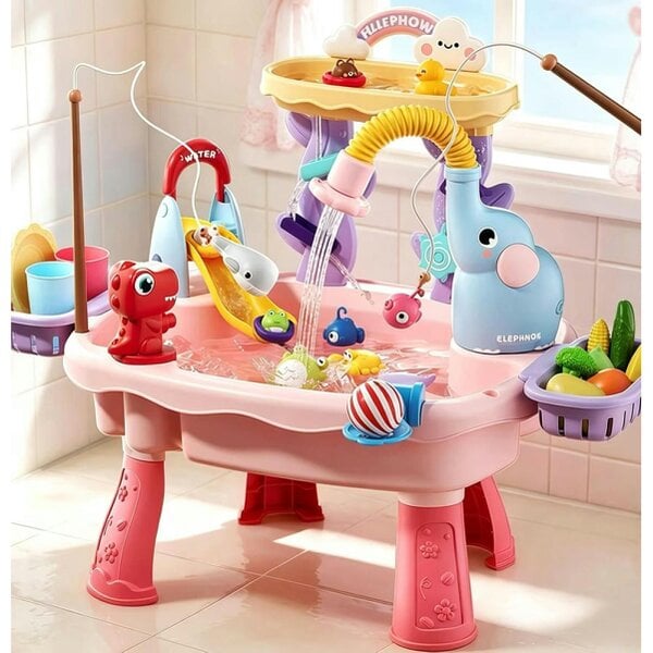 deAO Kids Water Play Sink Table with Slide, Sprayer & Floating Accessories (Ages 3+, Pink)