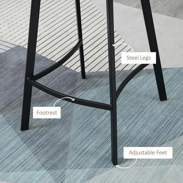 Black metal bar stool legs with footrest and adjustable feet, close-up