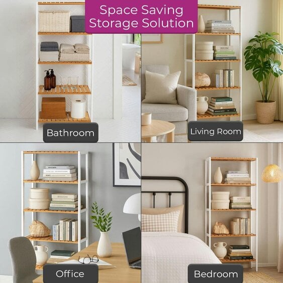 Neo White 5 Tier Bamboo Storage Shelf Shelves Rack Adjustable Multi-Purpose Rack Shoes Plants Bathroom Kitchen Hallway Room Organiser Unit
