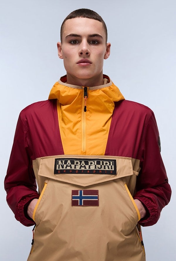 Napapijri Men's Rainforest Ripstop Anorak Jacket - Beige / Red / Yellow