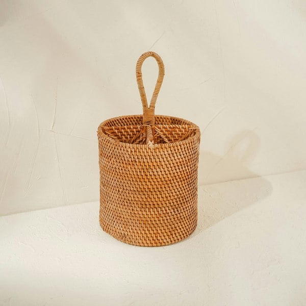 Rattan honey brown utensil storage basket handwoven wicker kitchen