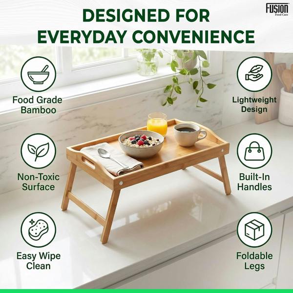 Fusion Food Care Bamboo Bed Tray Table with Foldable Legs And Handles Breakfast Tray for Sofa Bed Platters Lap Tray