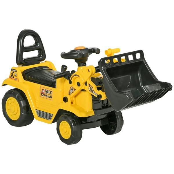 Yellow toddler ride-on bulldozer toy with black bucket and steering handle