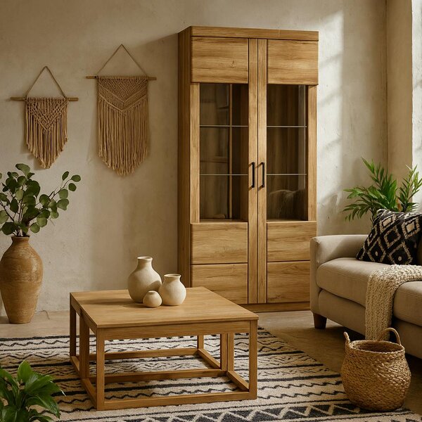 Wyld Haus Larkwood Tall Wide 2 Door Glazed Grandson Oak Wood Display Cabinet