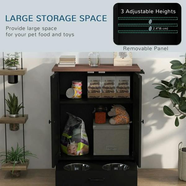 Black raised pet feeding station cabinet with open storage shelves and adjustable removable panel.
