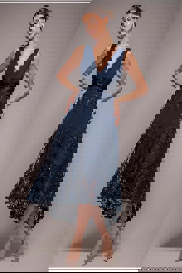 Pleated Satin Bodice High And Low Dress - Navy DR3337QZ