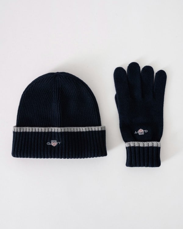 GANT Essential Beanie &amp; Gloves Set in 410 Marine