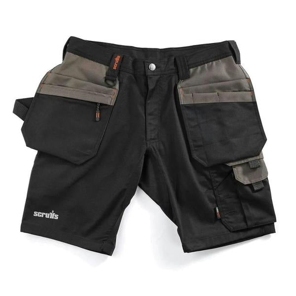 Scruffs Worker Plus Holster Mens Multi Pocket Cargo Shorts, black and grey work shorts with multiple pockets and utility features.