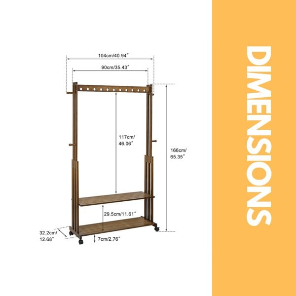 Rafaelo Mobilia Bamboo Clothes Rail With Shelves & Wheels Walnut Brown