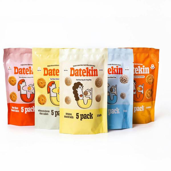 Five Datekin snack packs in different colors on a white background