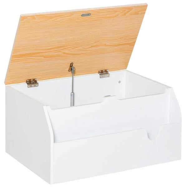 White kids toy box with hinged lid and child-safe stay bar, book storage panel inside