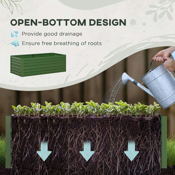 Green raised bed planter with open-bottom design for drainage and breathable root space